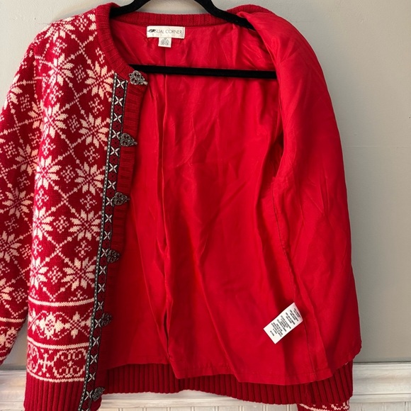 Casual Corner Women’s Red & White Nordic Snowflake Lambswool Cardigan Sweater XS - Picture 5 of 11